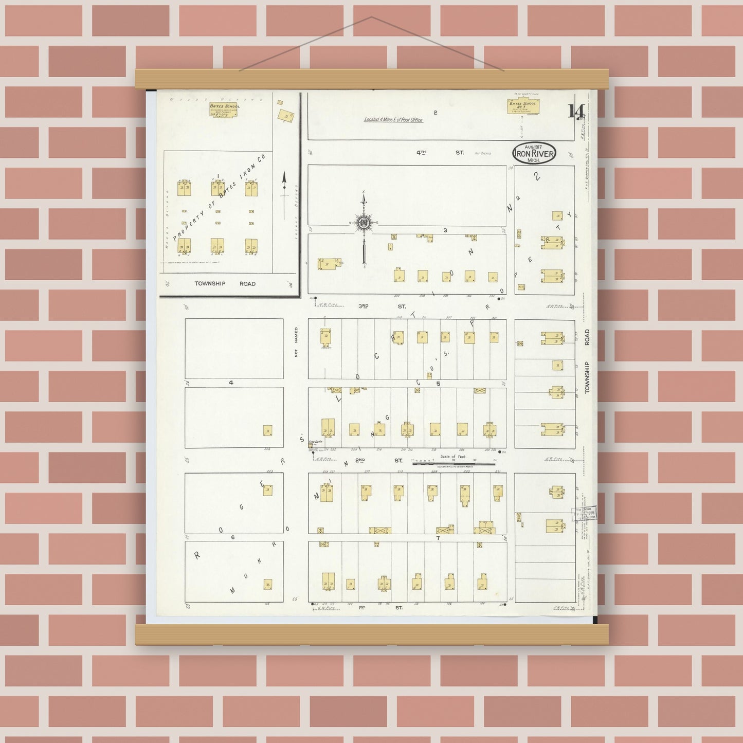 Old map wall art mockup — magnetic wood frame on brick wall — Sanborn Fire Insurance Map from Iron River, Iron County, Michigan (1917), Sheet #0014