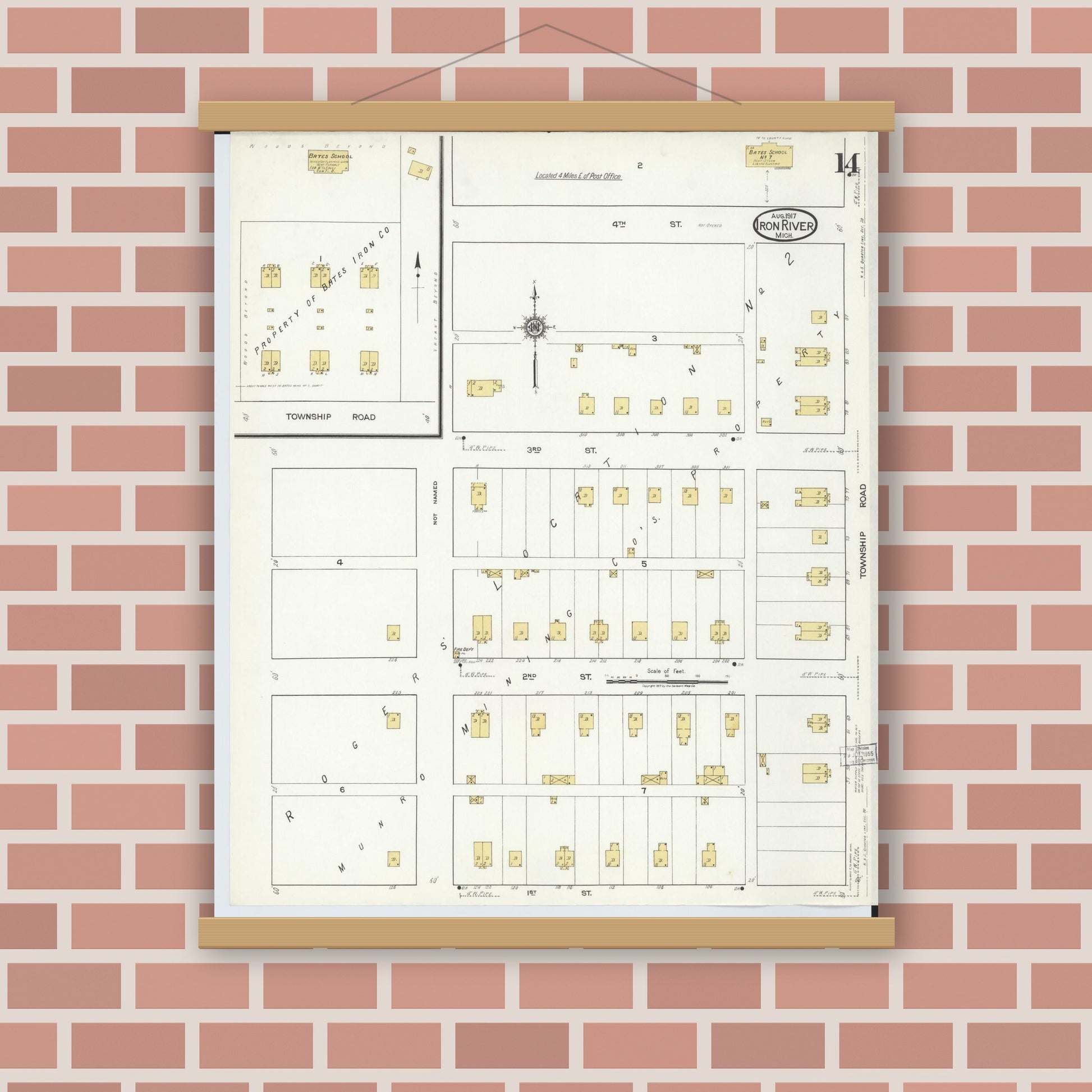 Old map wall art mockup — magnetic wood frame on brick wall — Sanborn Fire Insurance Map from Iron River, Iron County, Michigan (1917), Sheet #0014