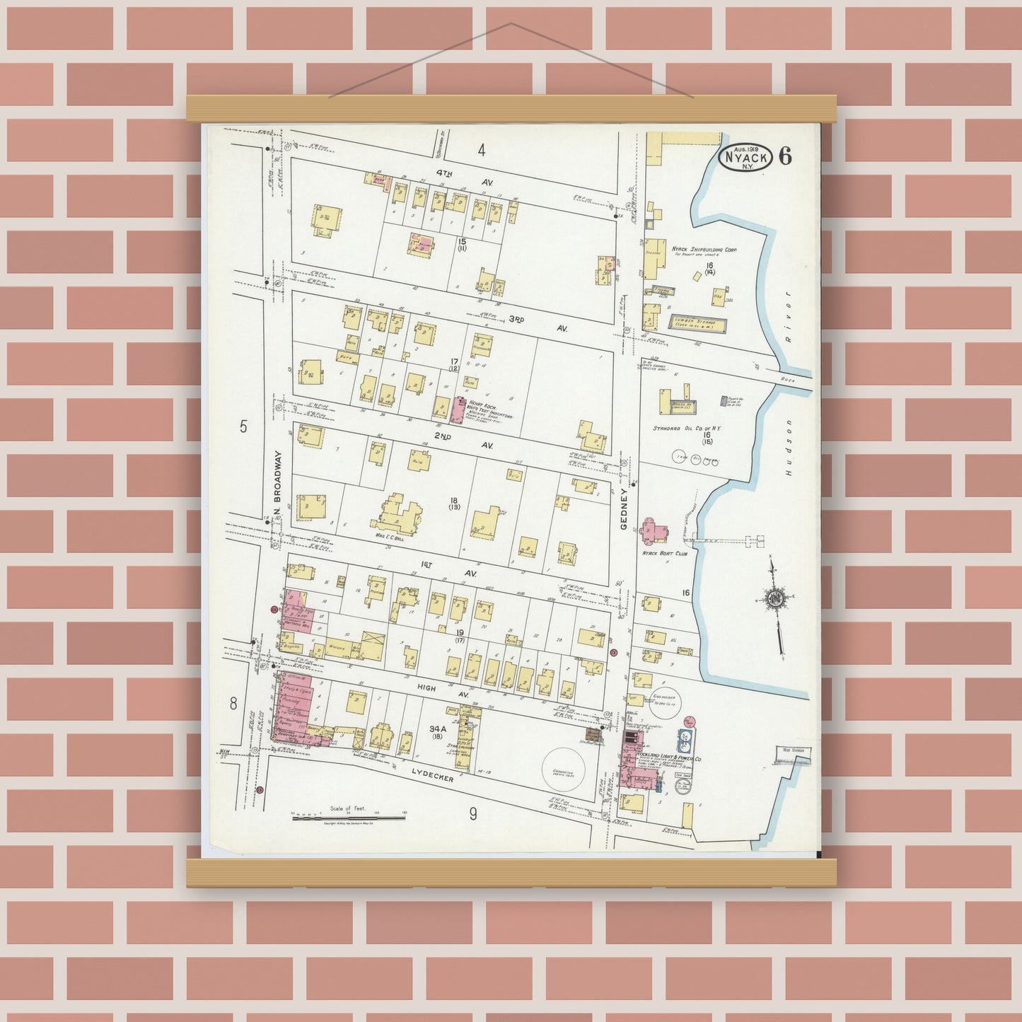 Old map wall art mockup — magnetic wood frame on brick wall — Sanborn Fire Insurance Map from Nyack, Rockland County, New York. (1919), Sheet #0006