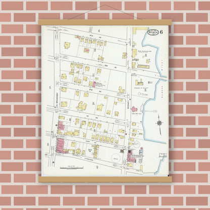 Old map wall art mockup — magnetic wood frame on brick wall — Sanborn Fire Insurance Map from Nyack, Rockland County, New York. (1919), Sheet #0006