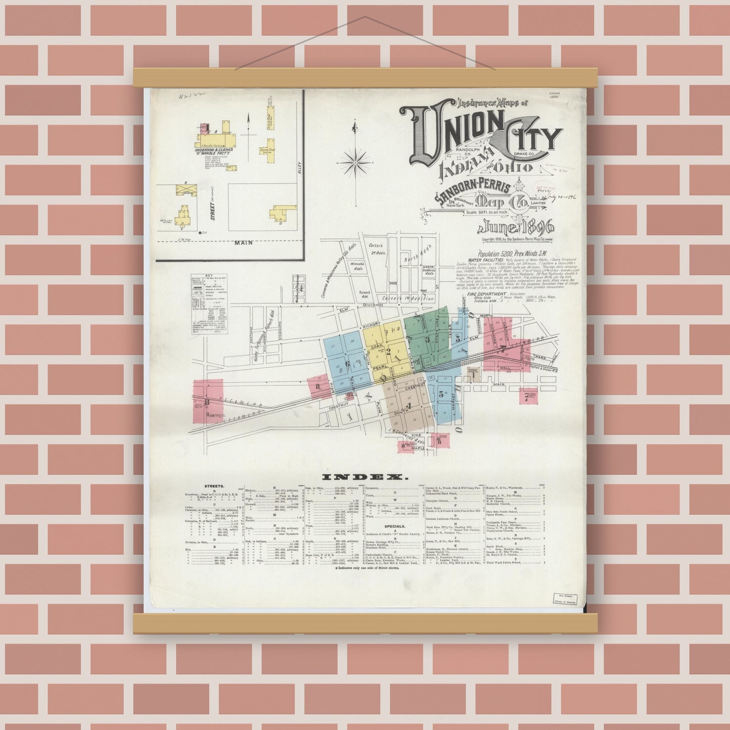 Old map wall art mockup — magnetic wood frame on brick wall — Sanborn Fire Insurance Map from Union City, Randolph County, Indiana (1896) - Complete Map Set