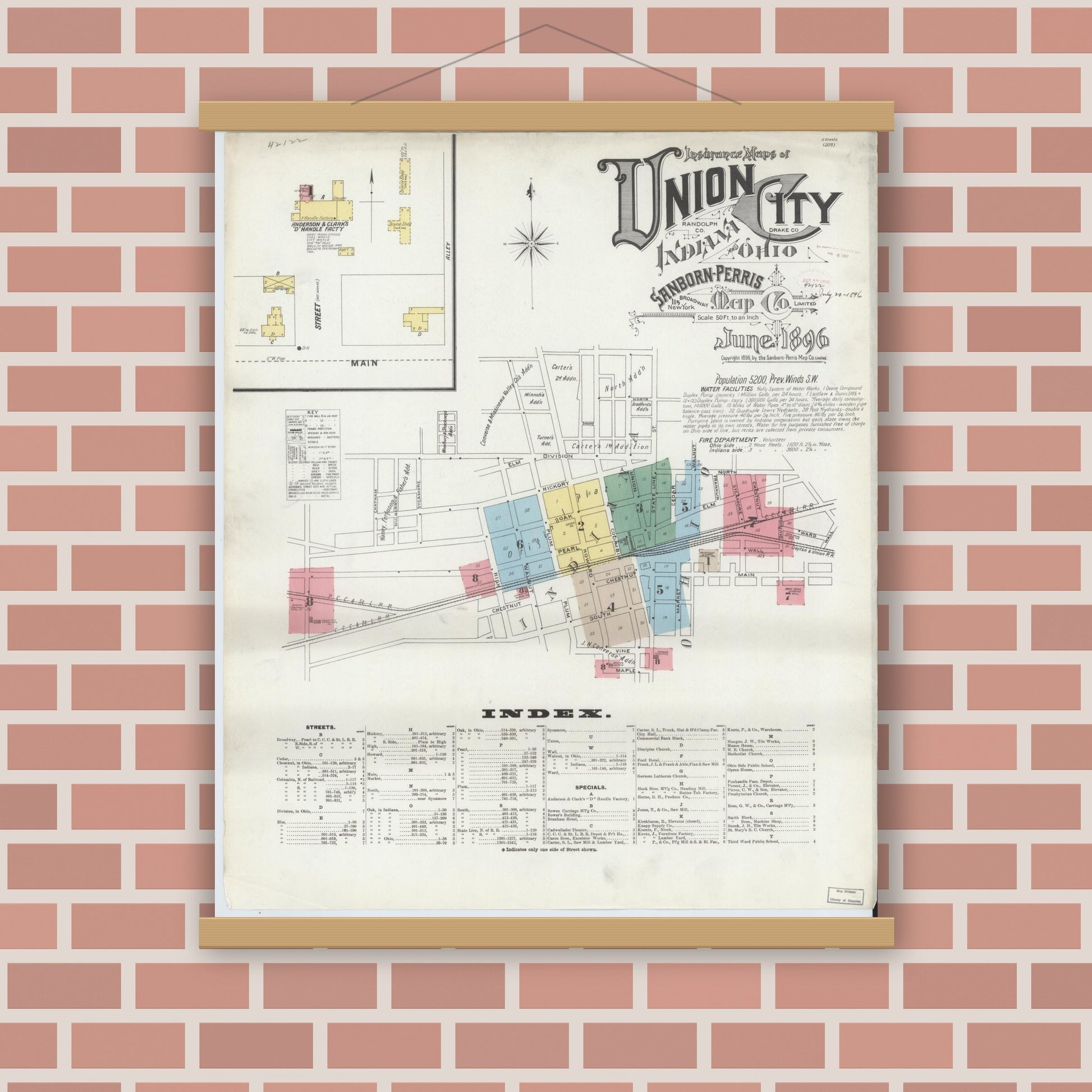 Old map wall art mockup — magnetic wood frame on brick wall — Sanborn Fire Insurance Map from Union City, Randolph County, Indiana (1896) - Complete Map Set