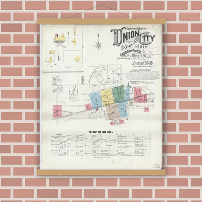 Old map wall art mockup — magnetic wood frame on brick wall — Sanborn Fire Insurance Map from Union City, Randolph County, Indiana (1896) - Complete Map Set