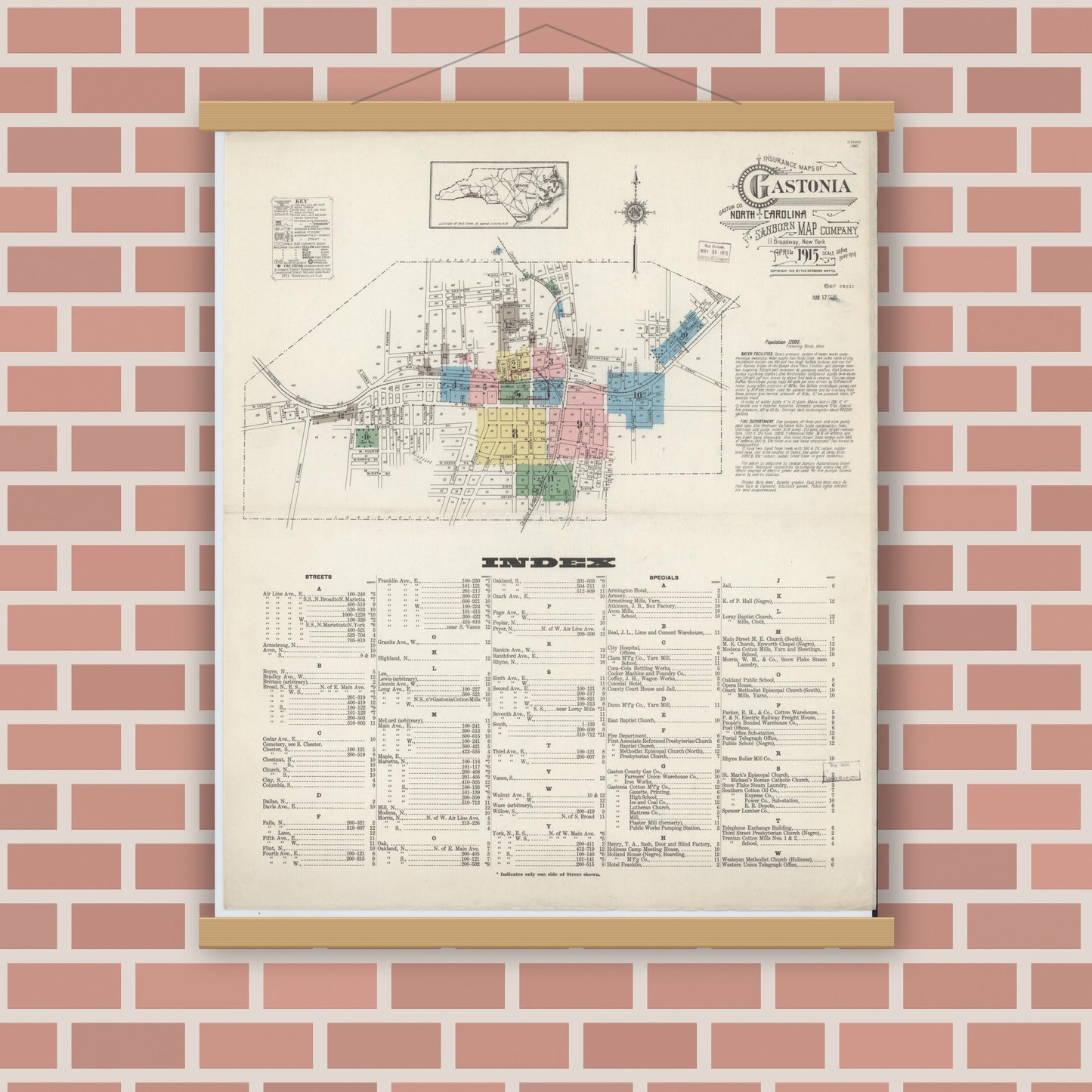 Old map wall art mockup — magnetic wood frame on brick wall — Sanborn Fire Insurance Map from Gastonia, Gaston County, North Carolina (1915) - Complete Map Set