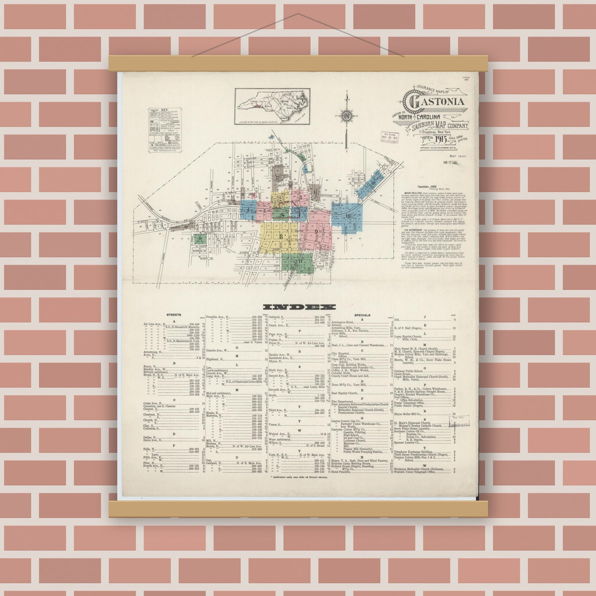 Old map wall art mockup — magnetic wood frame on brick wall — Sanborn Fire Insurance Map from Gastonia, Gaston County, North Carolina (1915) - Complete Map Set