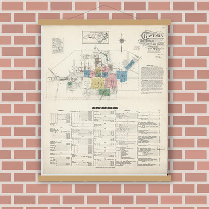 Old map wall art mockup — magnetic wood frame on brick wall — Sanborn Fire Insurance Map from Gastonia, Gaston County, North Carolina (1915) - Complete Map Set