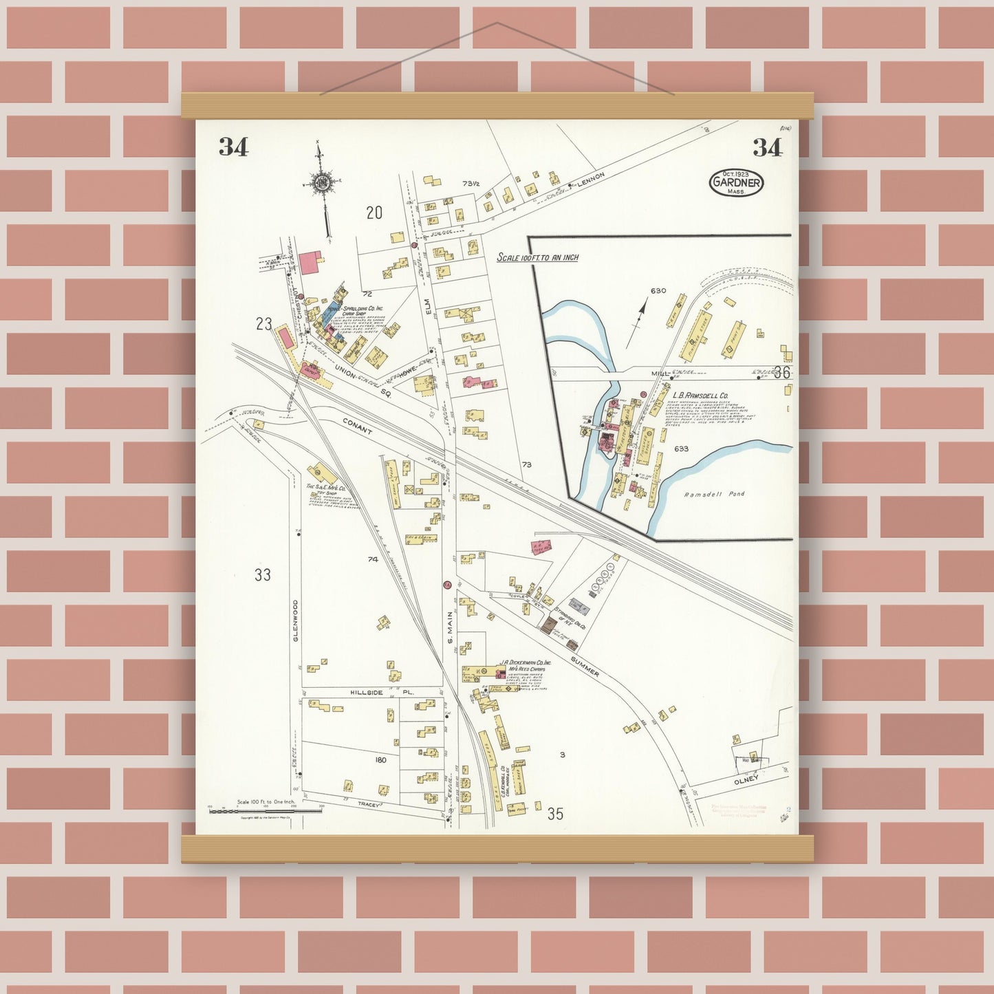 Old map wall art mockup — magnetic wood frame on brick wall — Sanborn Fire Insurance Map from Gardner, Worcester County, Massachusetts (1923), Sheet #0034
