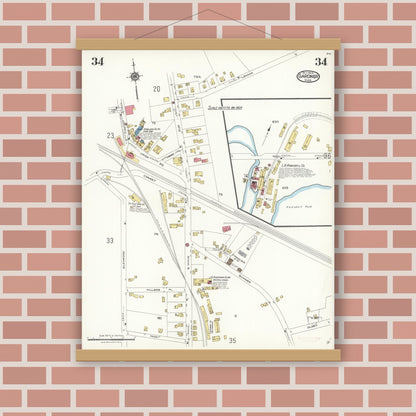 Old map wall art mockup — magnetic wood frame on brick wall — Sanborn Fire Insurance Map from Gardner, Worcester County, Massachusetts (1923), Sheet #0034