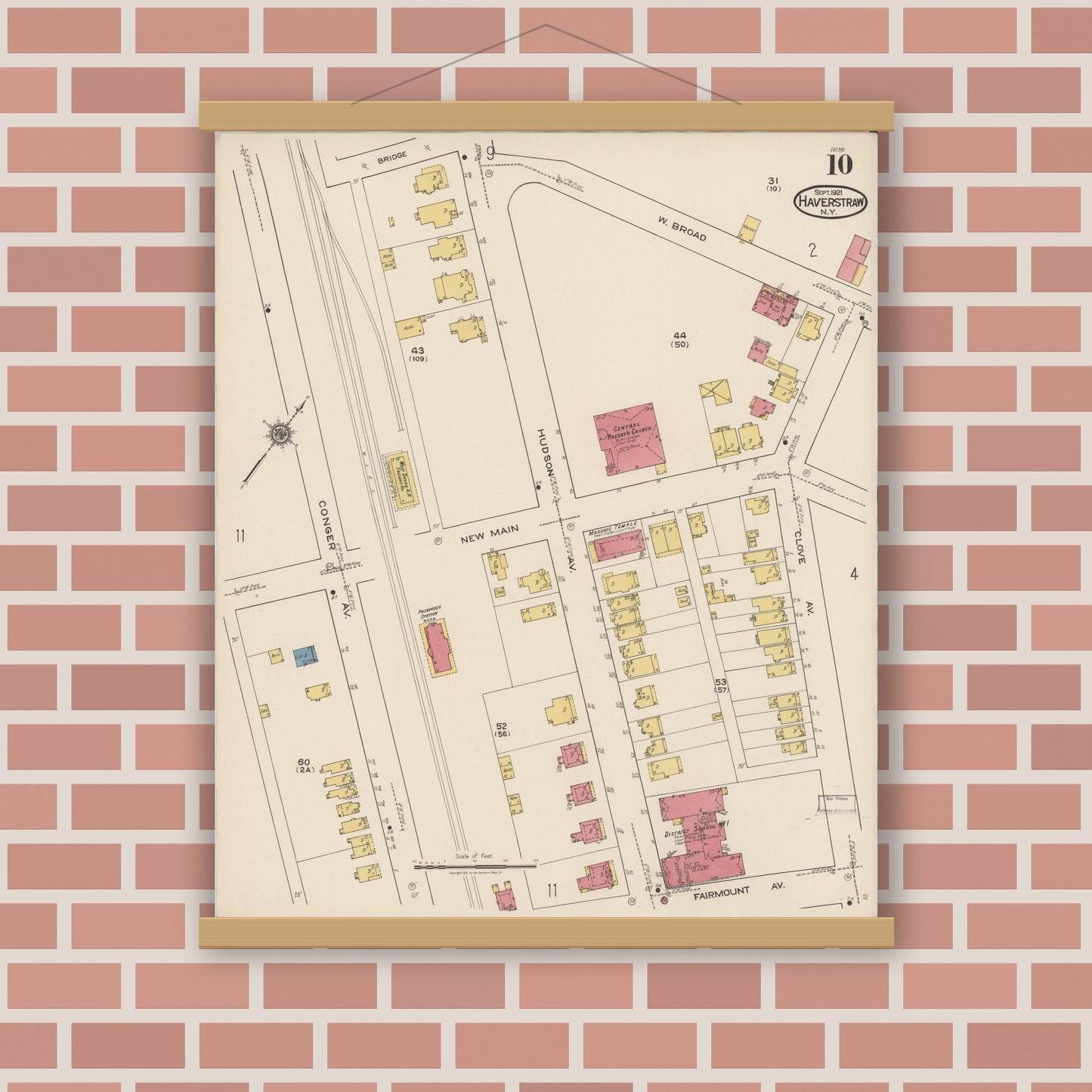 Old map wall art mockup — magnetic wood frame on brick wall — Sanborn Fire Insurance Map from Haverstraw, Rockland County, New York (1921), Sheet #0010