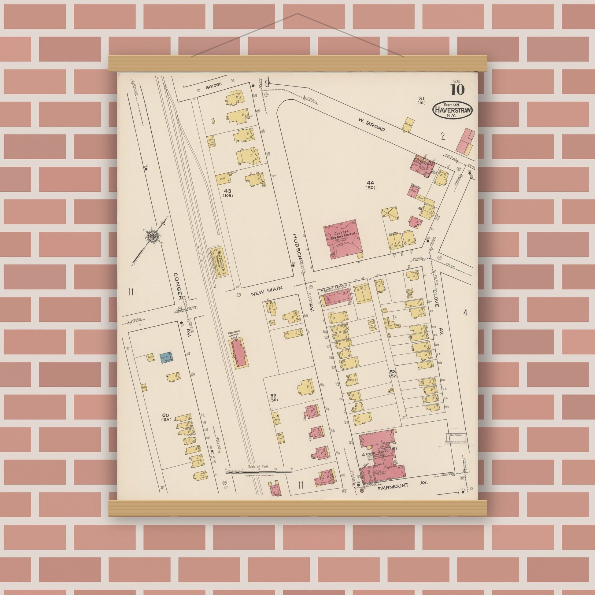 Old map wall art mockup — magnetic wood frame on brick wall — Sanborn Fire Insurance Map from Haverstraw, Rockland County, New York (1921), Sheet #0010