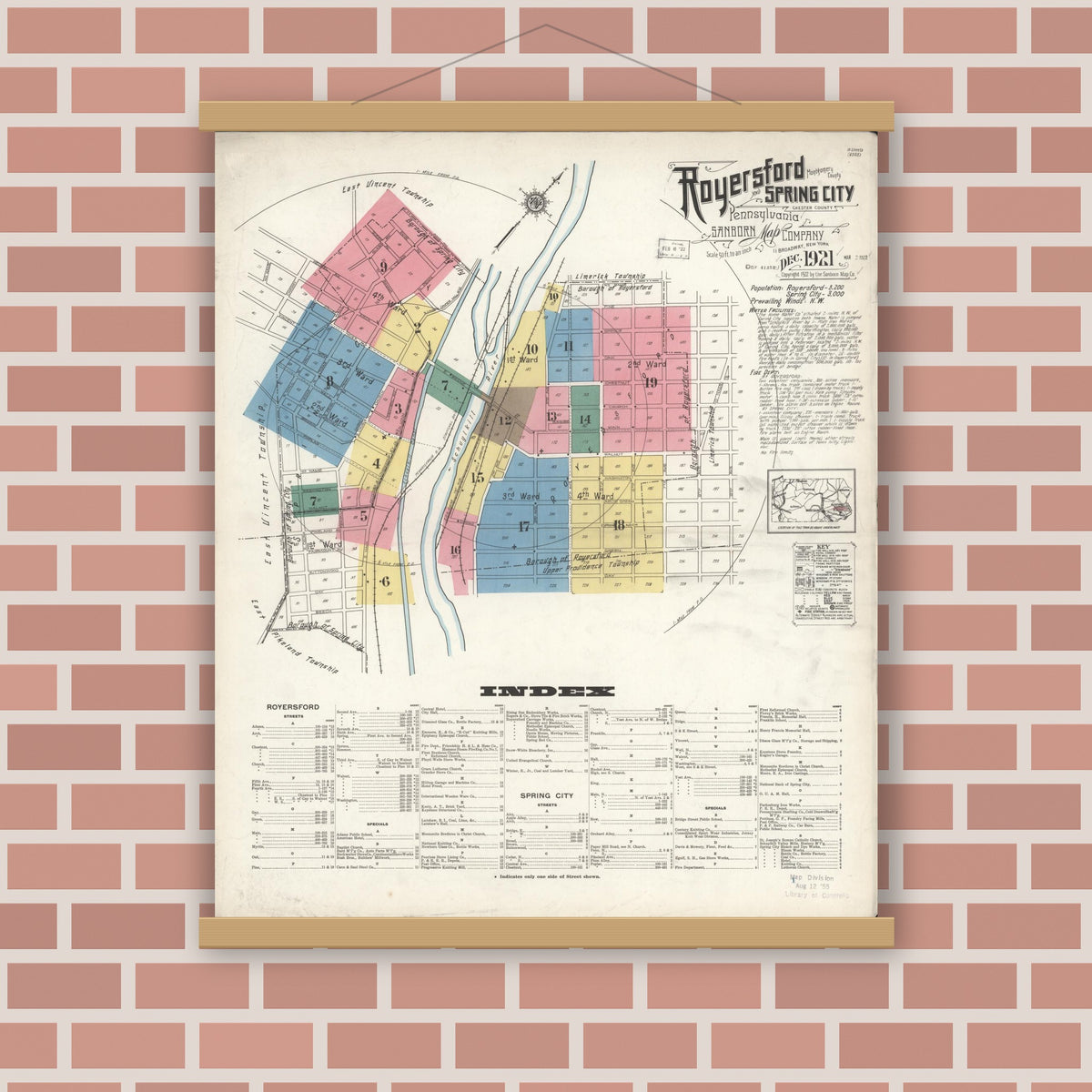 Old map wall art mockup — magnetic wood frame on brick wall — Sanborn Fire Insurance Map from Royersford, Montgomery County, Pennsylvania (1921) - Complete Map Set