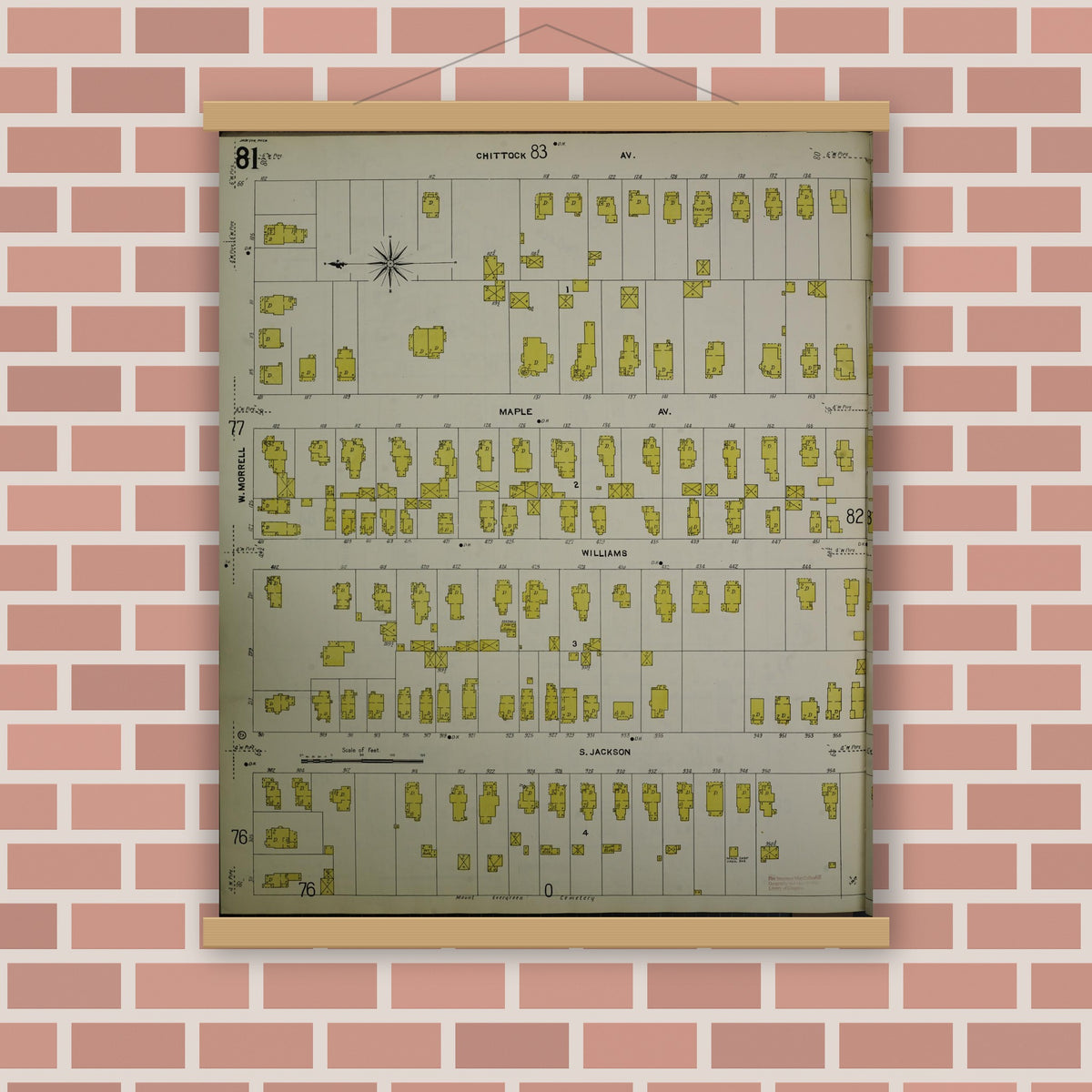 Old map wall art mockup — magnetic wood frame on brick wall — Sanborn Fire Insurance Map from Jackson, Jackson County, Michigan (1907), Sheet #0081