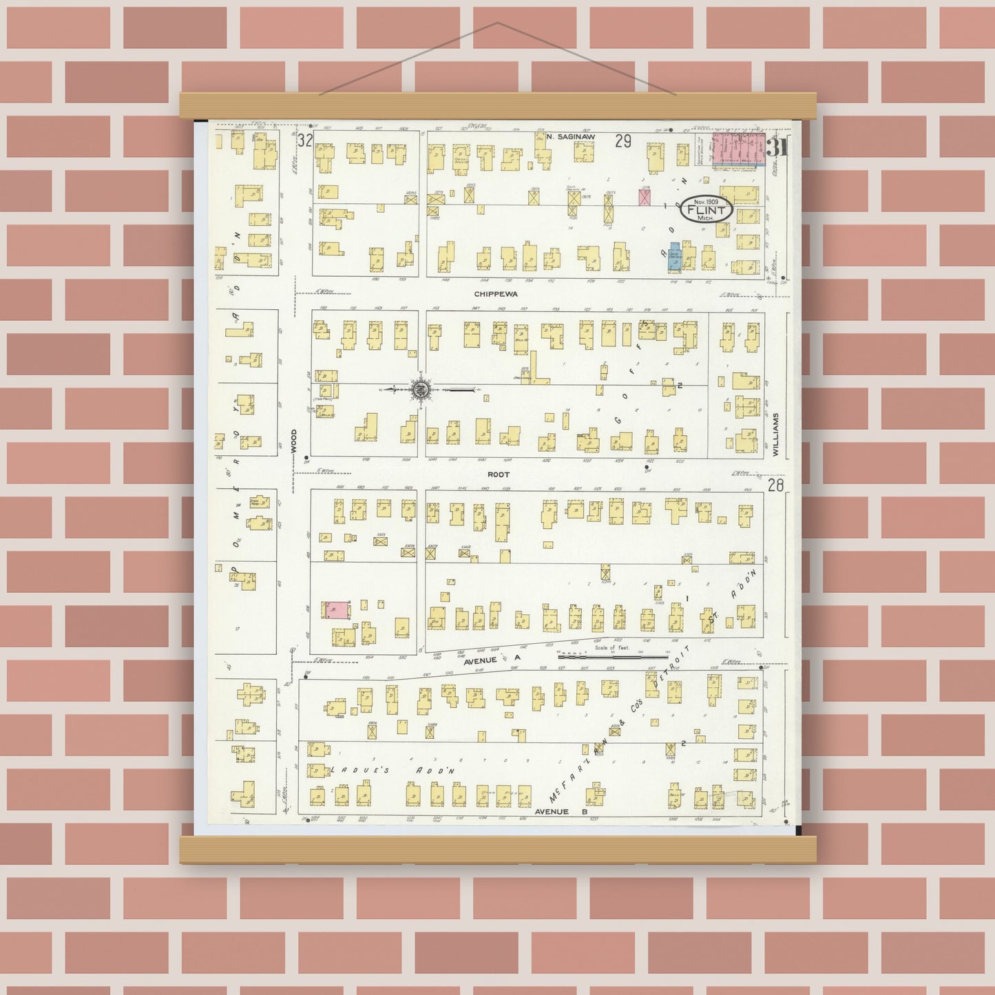Old map wall art mockup — magnetic wood frame on brick wall — Sanborn Fire Insurance Map from Flint, Genesee County, Michigan (1909), Sheet #0031