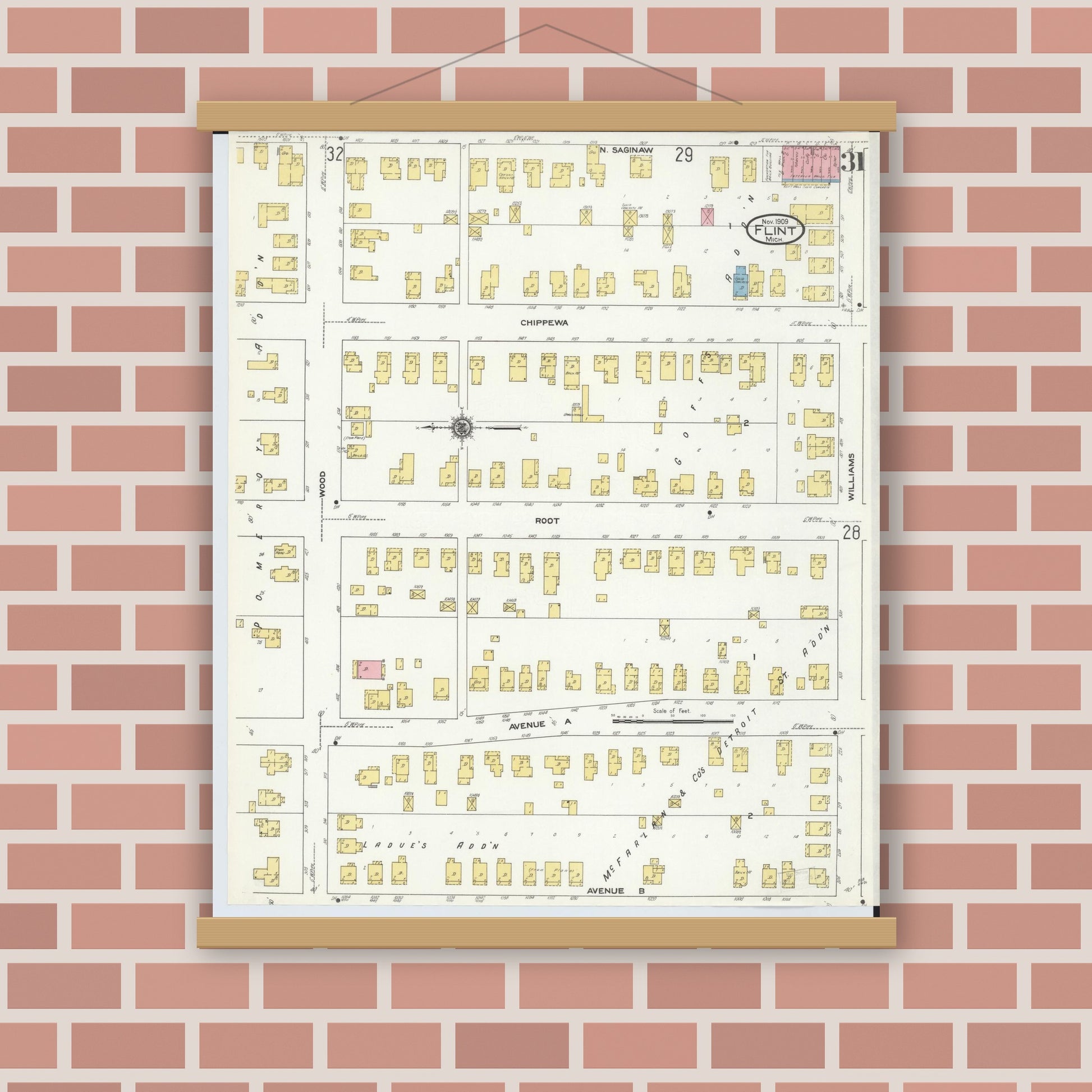 Old map wall art mockup — magnetic wood frame on brick wall — Sanborn Fire Insurance Map from Flint, Genesee County, Michigan (1909), Sheet #0031