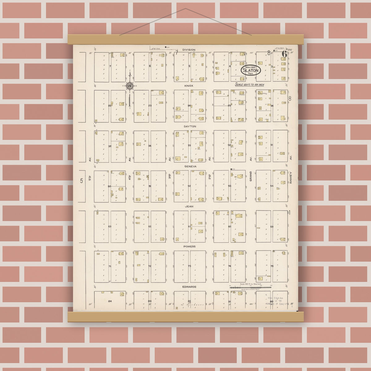 Old map wall art mockup — magnetic wood frame on brick wall — Sanborn Fire Insurance Map from Slaton, Lubbock County, Texas (1922), Sheet #0006