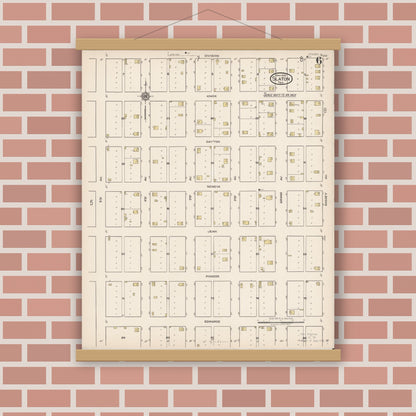 Old map wall art mockup — magnetic wood frame on brick wall — Sanborn Fire Insurance Map from Slaton, Lubbock County, Texas (1922), Sheet #0006