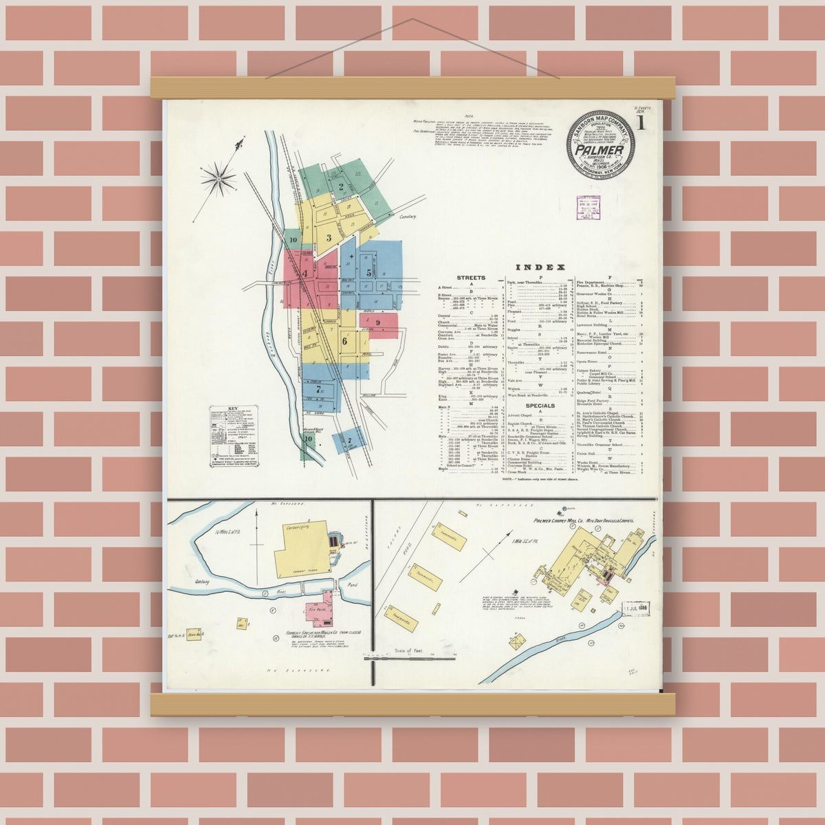 Old map wall art mockup — magnetic wood frame on brick wall — Sanborn Fire Insurance Map from Palmer, Hampden County, Massachusetts (1906) - Complete Map Set