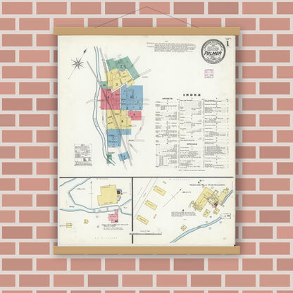 Old map wall art mockup — magnetic wood frame on brick wall — Sanborn Fire Insurance Map from Palmer, Hampden County, Massachusetts (1906) - Complete Map Set