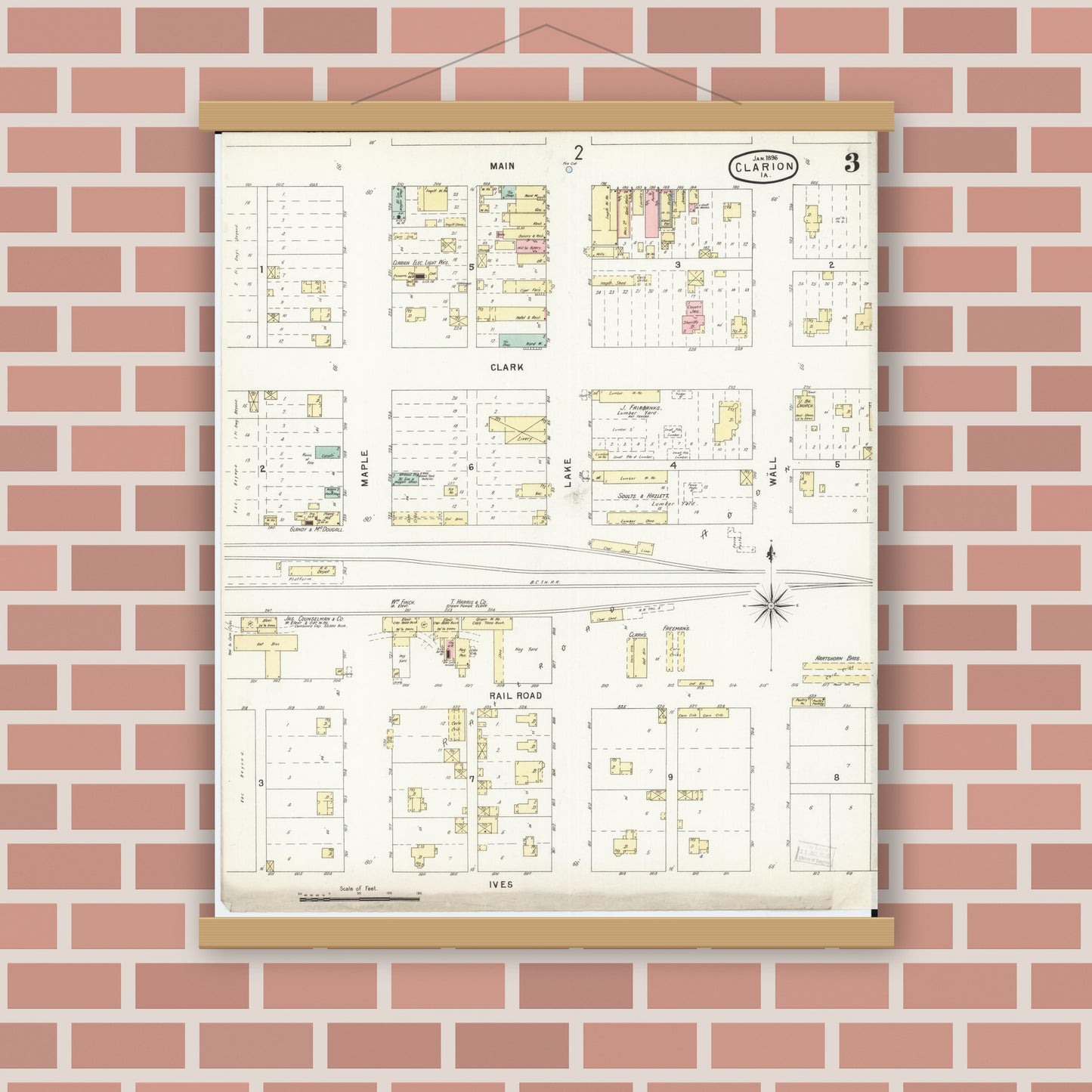 Old map wall art mockup — magnetic wood frame on brick wall — Sanborn Fire Insurance Map from Clarion, Wright County, Iowa (1896), Sheet #0003