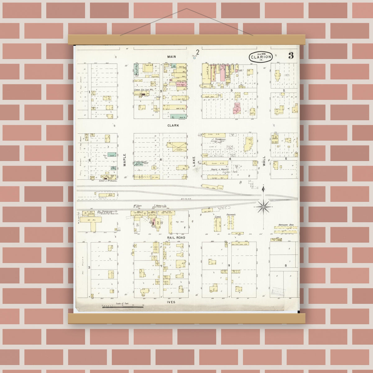 Old map wall art mockup — magnetic wood frame on brick wall — Sanborn Fire Insurance Map from Clarion, Wright County, Iowa (1896), Sheet #0003