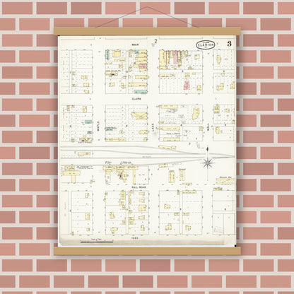 Old map wall art mockup — magnetic wood frame on brick wall — Sanborn Fire Insurance Map from Clarion, Wright County, Iowa (1896), Sheet #0003