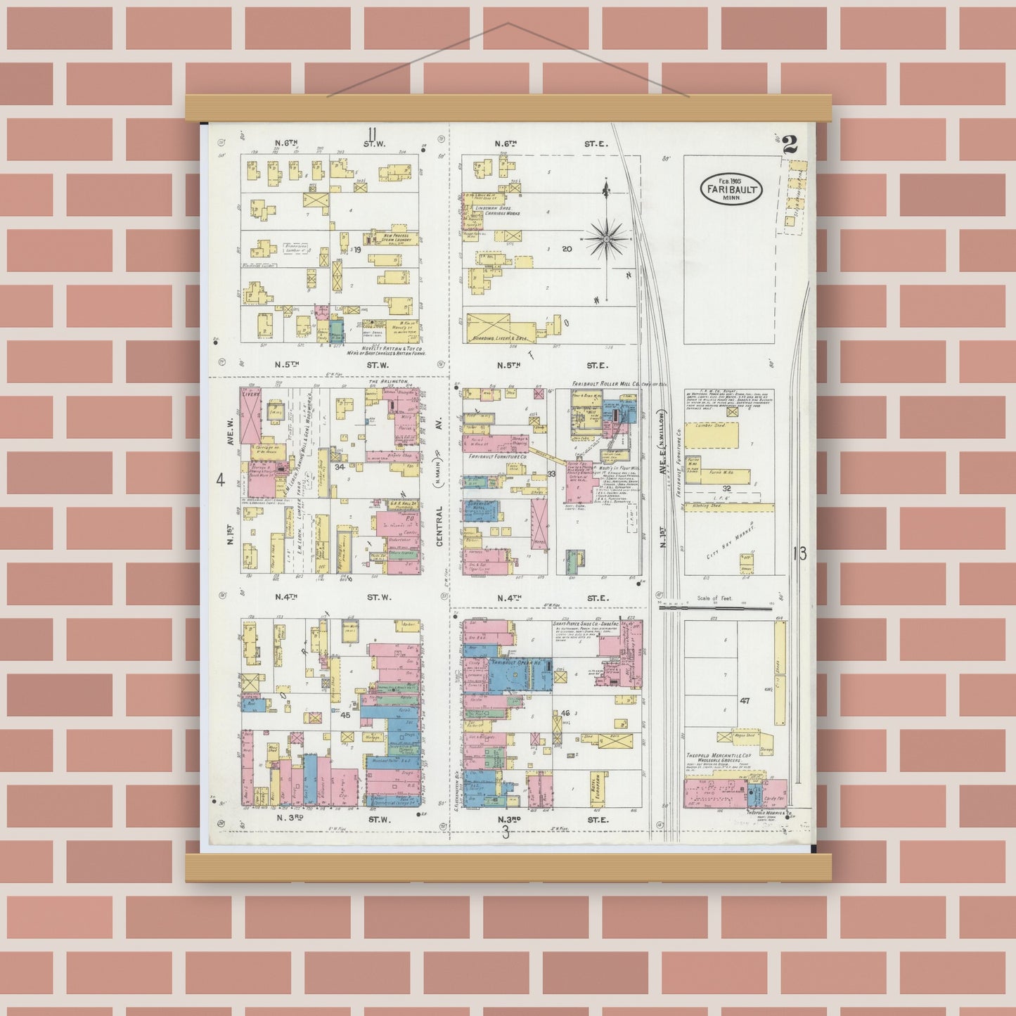 Old map wall art mockup — magnetic wood frame on brick wall — Sanborn Fire Insurance Map from Faribault, Rice County, Minnesota (1905), Sheet #0002