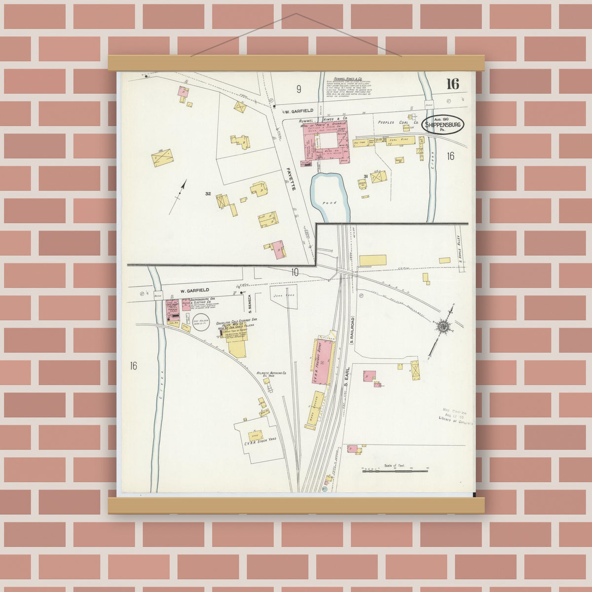 Old map wall art mockup — magnetic wood frame on brick wall — Sanborn Fire Insurance Map from Shippensburg, Cumberland And Franklin Counties, Pennsylvania (1910), Sheet #0016