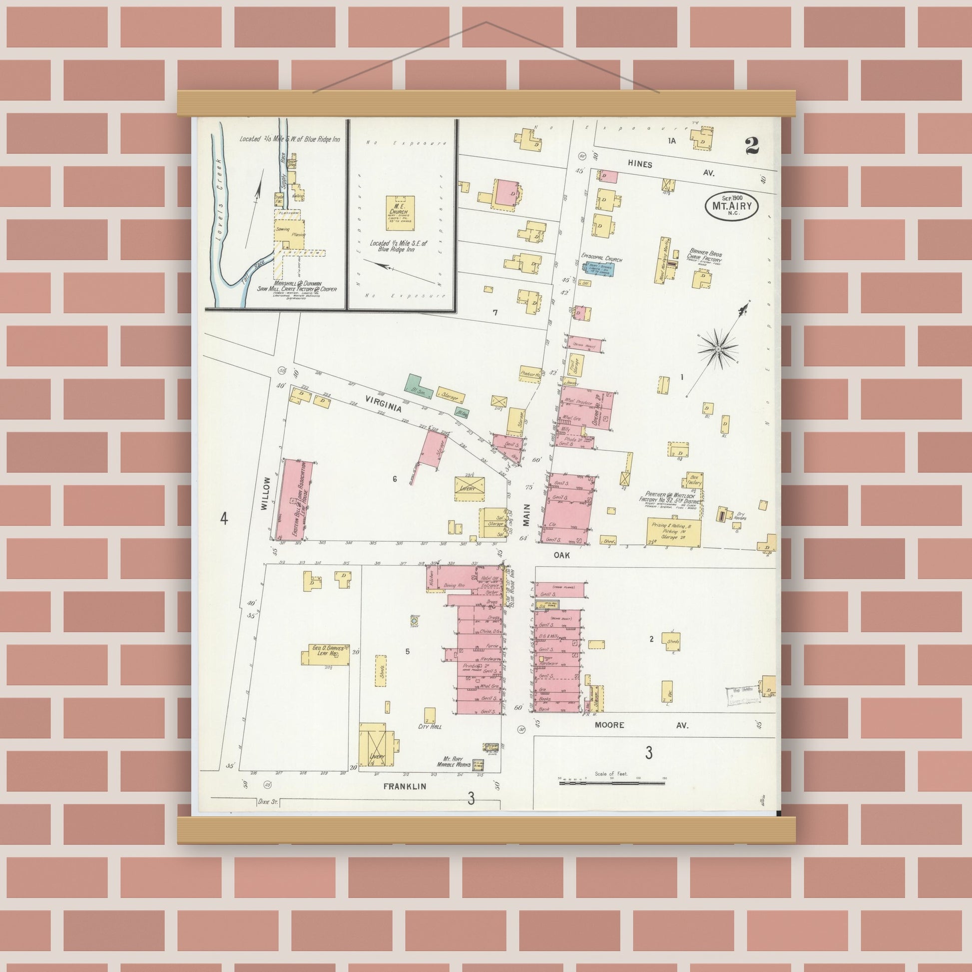Old map wall art mockup — magnetic wood frame on brick wall — Sanborn Fire Insurance Map from Mount Airy, Surry County, North Carolina (1900), Sheet #0002