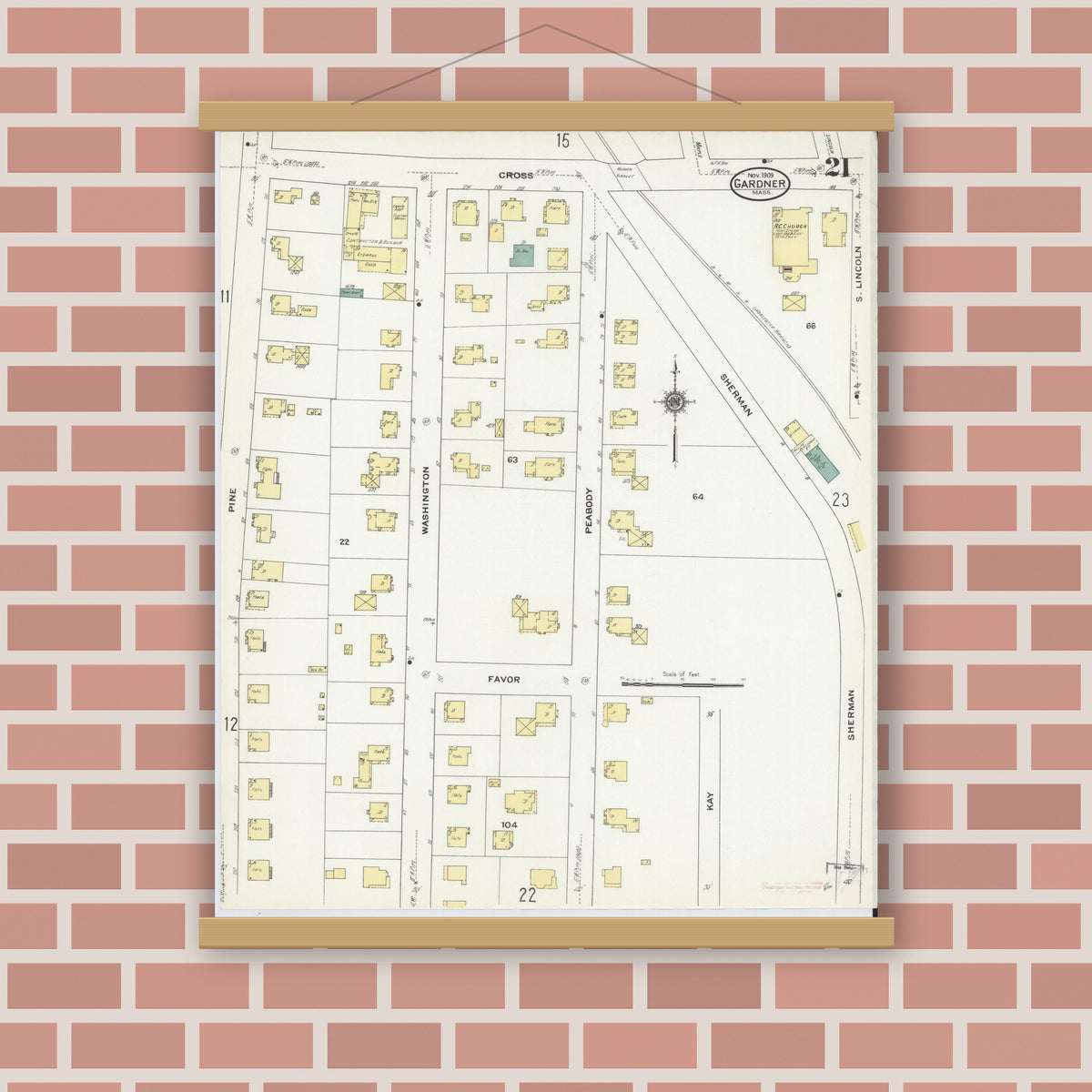 Old map wall art mockup — magnetic wood frame on brick wall — Sanborn Fire Insurance Map from Gardner, Worcester County, Massachusetts (1909), Sheet #0021