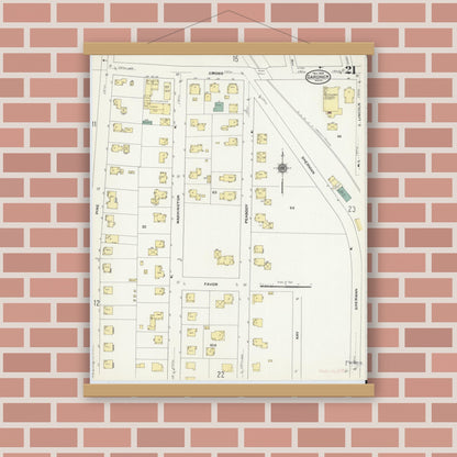 Old map wall art mockup — magnetic wood frame on brick wall — Sanborn Fire Insurance Map from Gardner, Worcester County, Massachusetts (1909), Sheet #0021