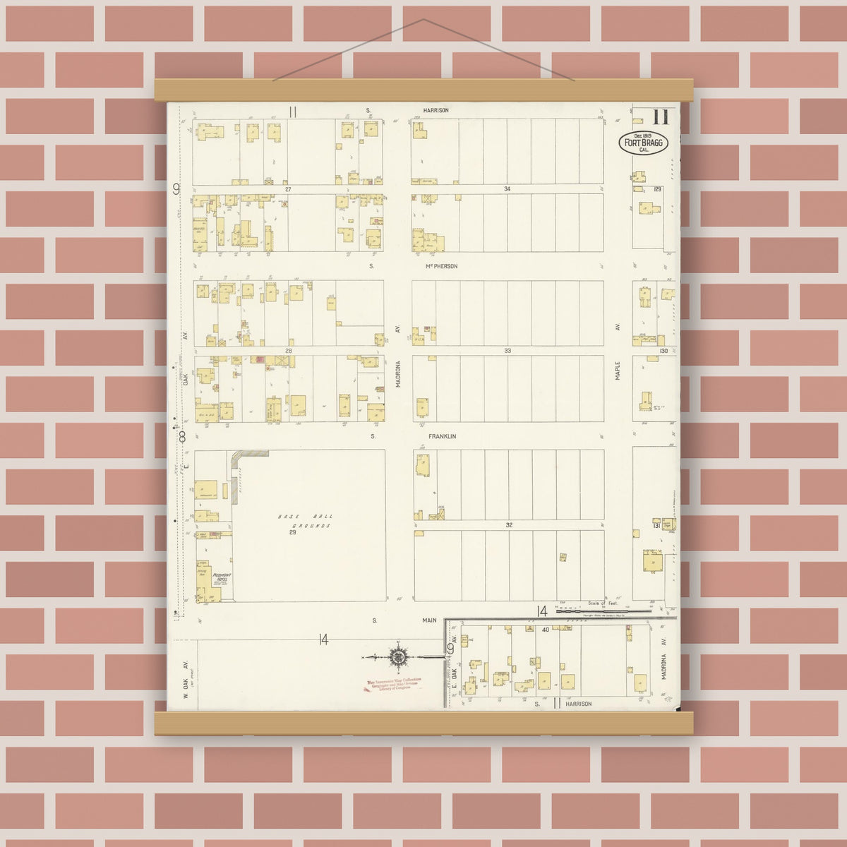 Old map wall art mockup — magnetic wood frame on brick wall — Sanborn Fire Insurance Map from Fort Bragg, Mendocino County, California (1919), Sheet #0011