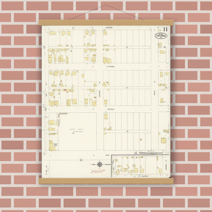 Old map wall art mockup — magnetic wood frame on brick wall — Sanborn Fire Insurance Map from Fort Bragg, Mendocino County, California (1919), Sheet #0011