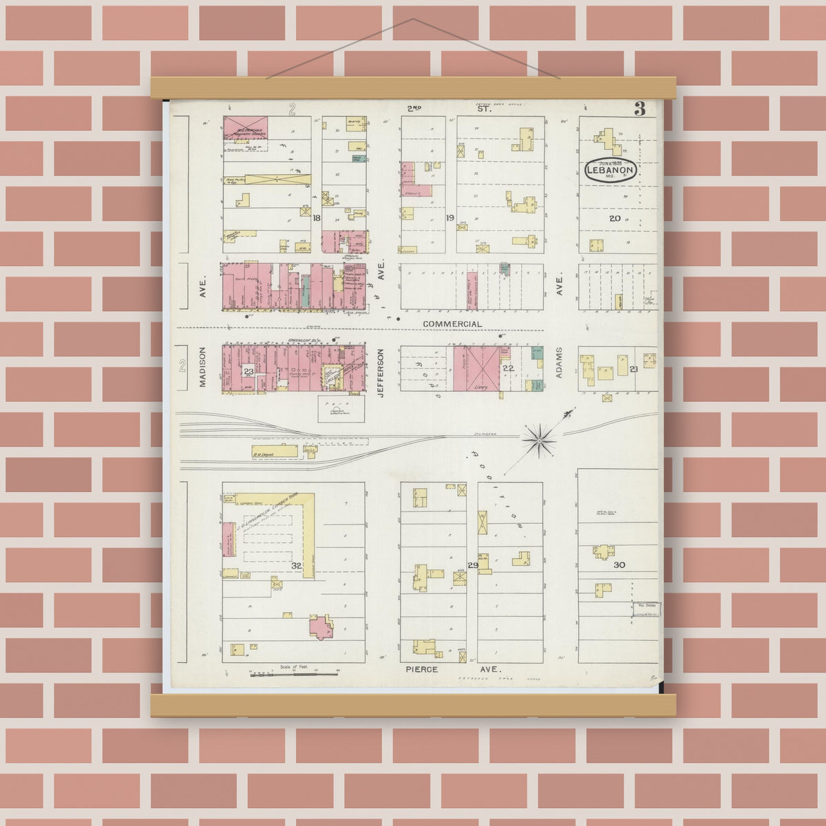 Old map wall art mockup — magnetic wood frame on brick wall — Sanborn Fire Insurance Map from Lebanon, Laclede County, Missouri (1893), Sheet #0003