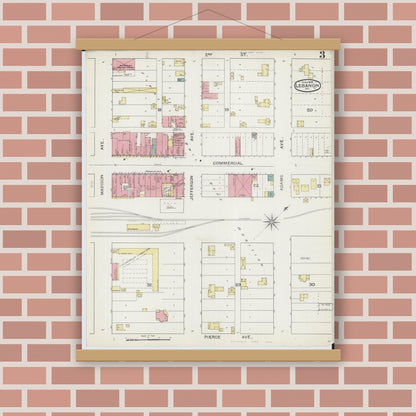 Old map wall art mockup — magnetic wood frame on brick wall — Sanborn Fire Insurance Map from Lebanon, Laclede County, Missouri (1893), Sheet #0003