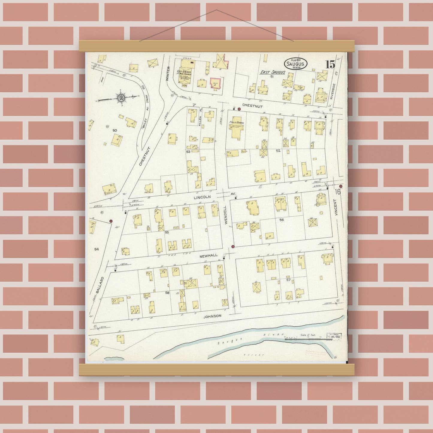 Old map wall art mockup — magnetic wood frame on brick wall — Sanborn Fire Insurance Map from Saugus, Essex County, Massachusetts (1913), Sheet #0015