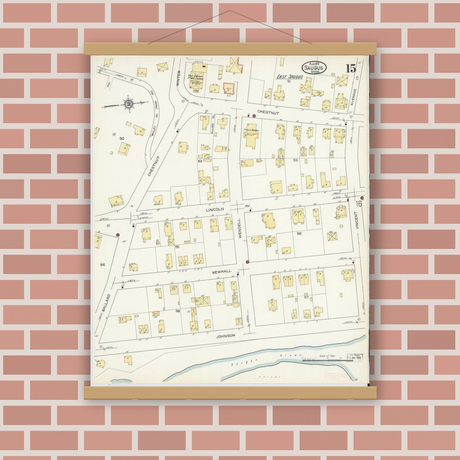 Old map wall art mockup — magnetic wood frame on brick wall — Sanborn Fire Insurance Map from Saugus, Essex County, Massachusetts (1913), Sheet #0015