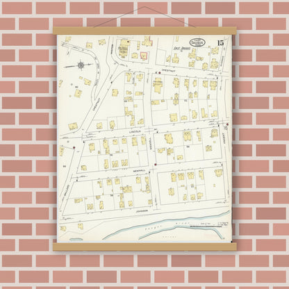 Old map wall art mockup — magnetic wood frame on brick wall — Sanborn Fire Insurance Map from Saugus, Essex County, Massachusetts (1913), Sheet #0015