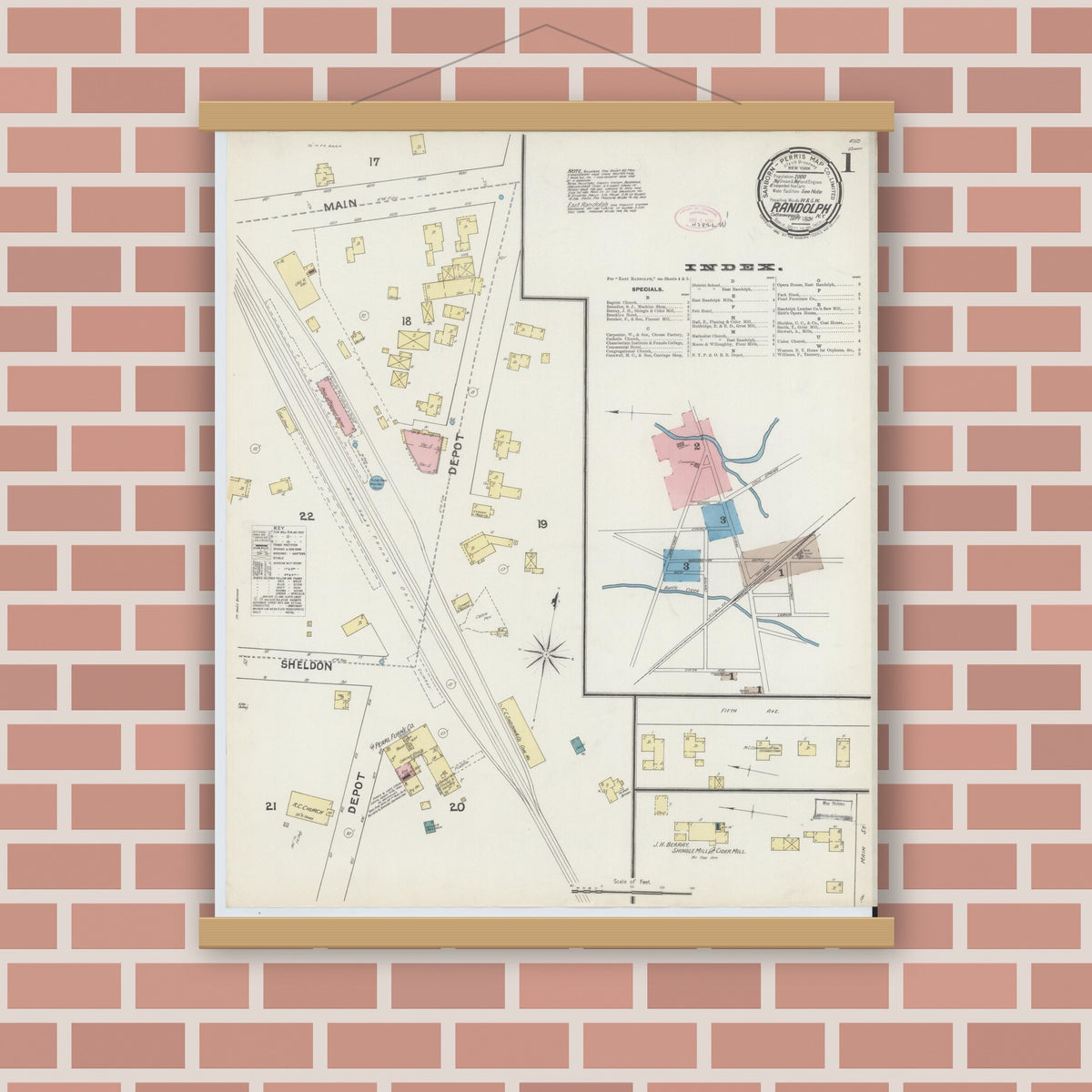 Old map wall art mockup — magnetic wood frame on brick wall — Sanborn Fire Insurance Map from Randolph, Cattaraugus County, New York (1891) - Complete Map Set