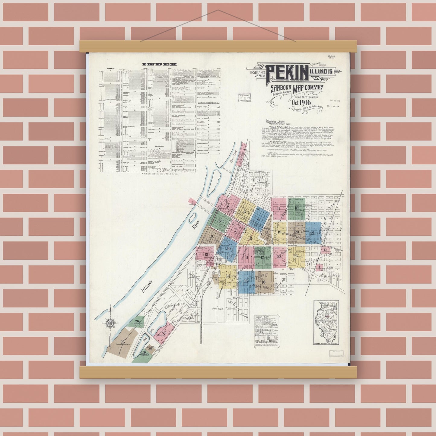Old map wall art mockup — magnetic wood frame on brick wall — Sanborn Fire Insurance Map from Pekin, Tazewell County, Illinois (1916) - Complete Map Set