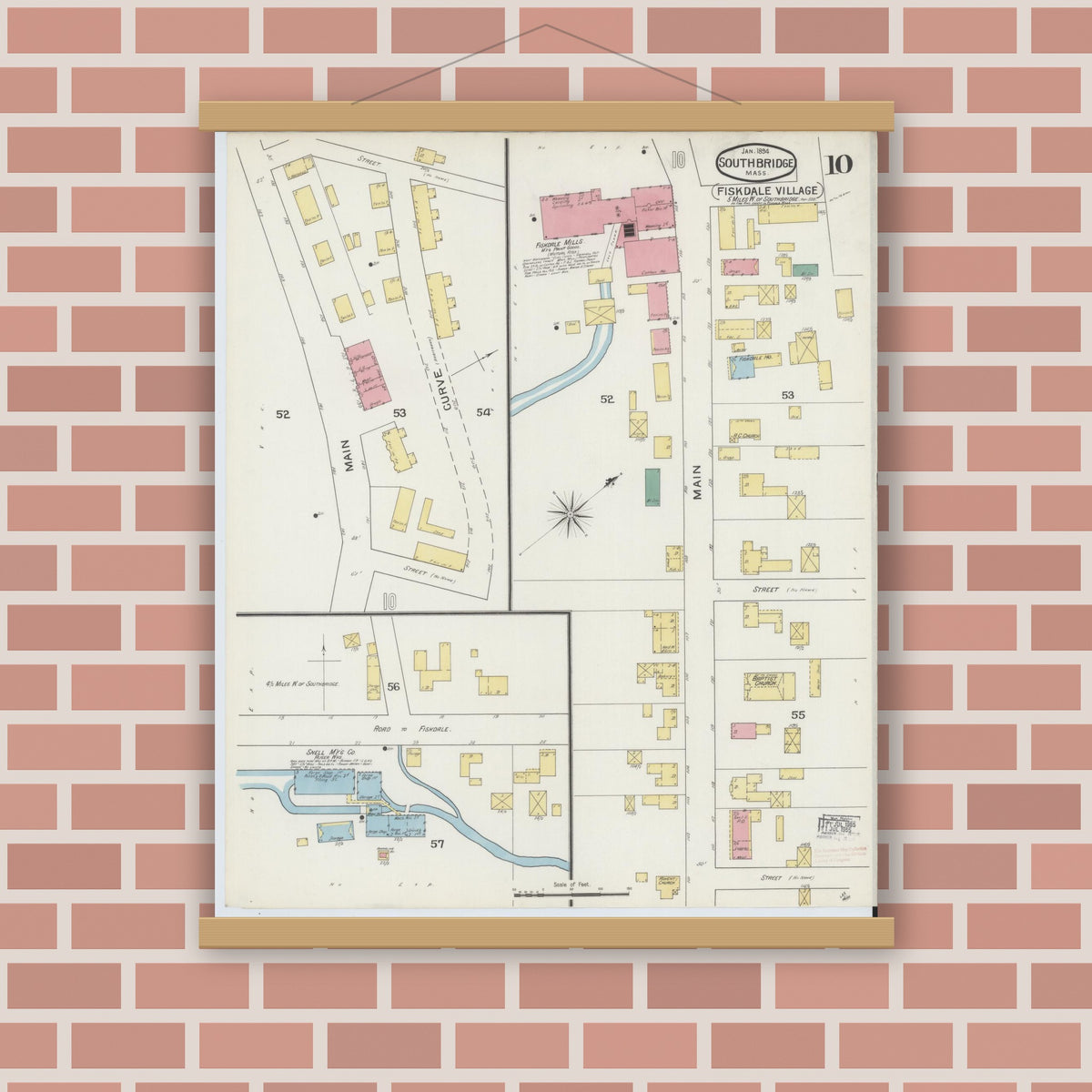 Old map wall art mockup — magnetic wood frame on brick wall — Sanborn Fire Insurance Map from Southbridge, Worcester County, Massachusetts (1894), Sheet #0010