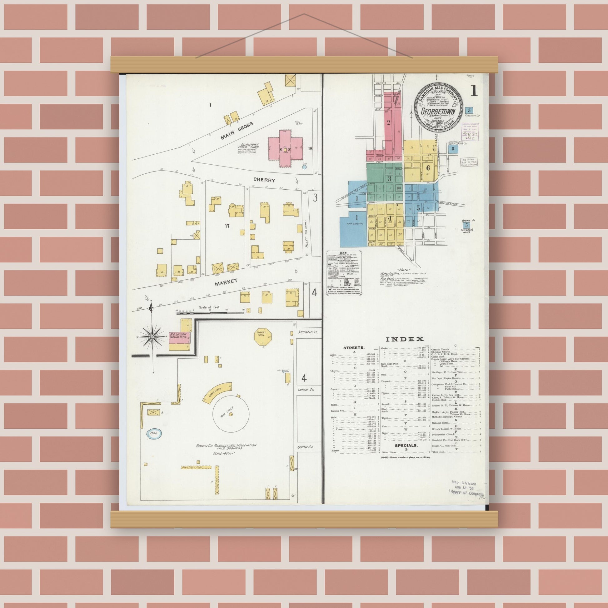 Old map wall art mockup — magnetic wood frame on brick wall — Sanborn Fire Insurance Map from Georgetown, Brown County, Ohio (1904), Sheet #0001