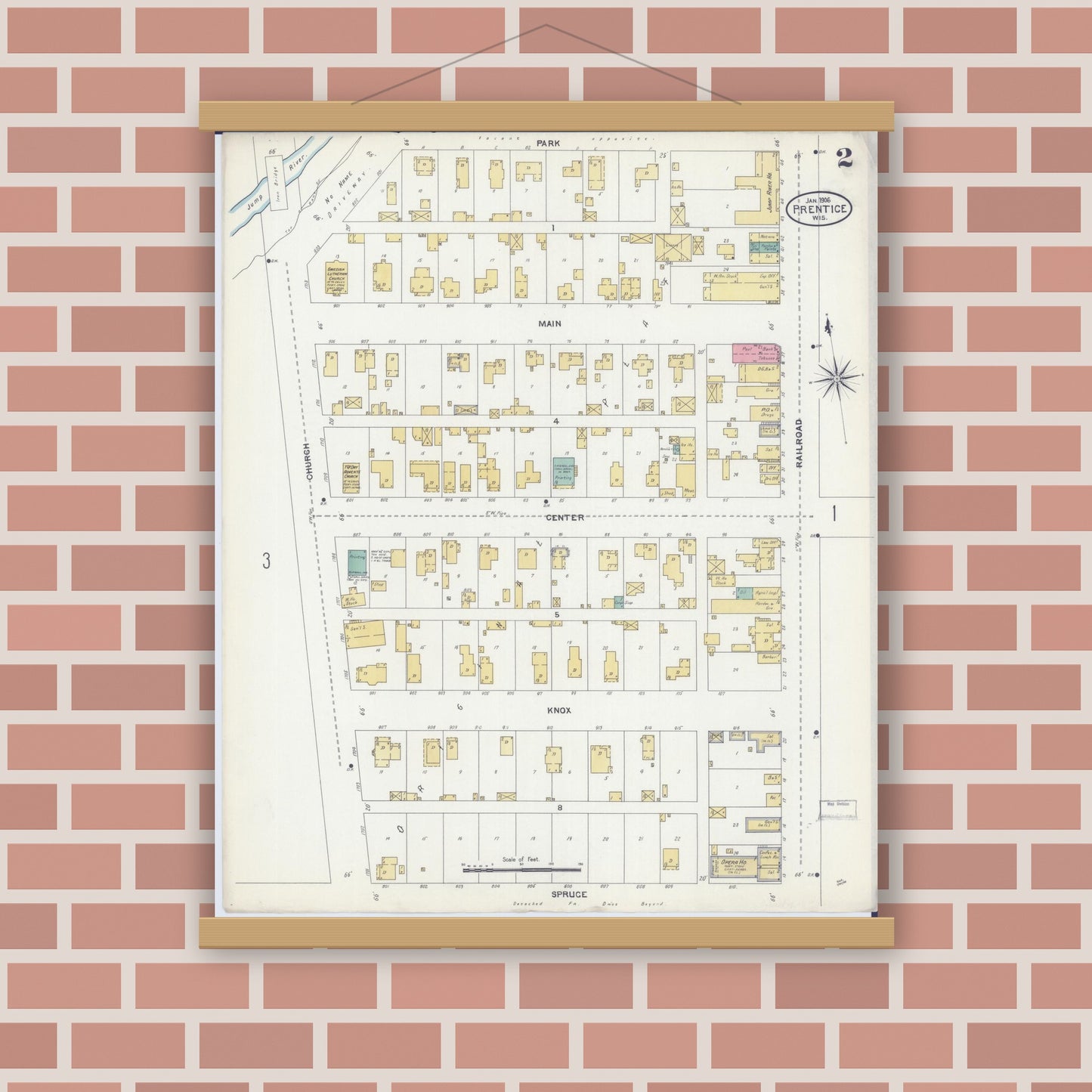 Old map wall art mockup — magnetic wood frame on brick wall — Sanborn Fire Insurance Map from Prentice, Price County, Wisconsin (1906), Sheet #0002