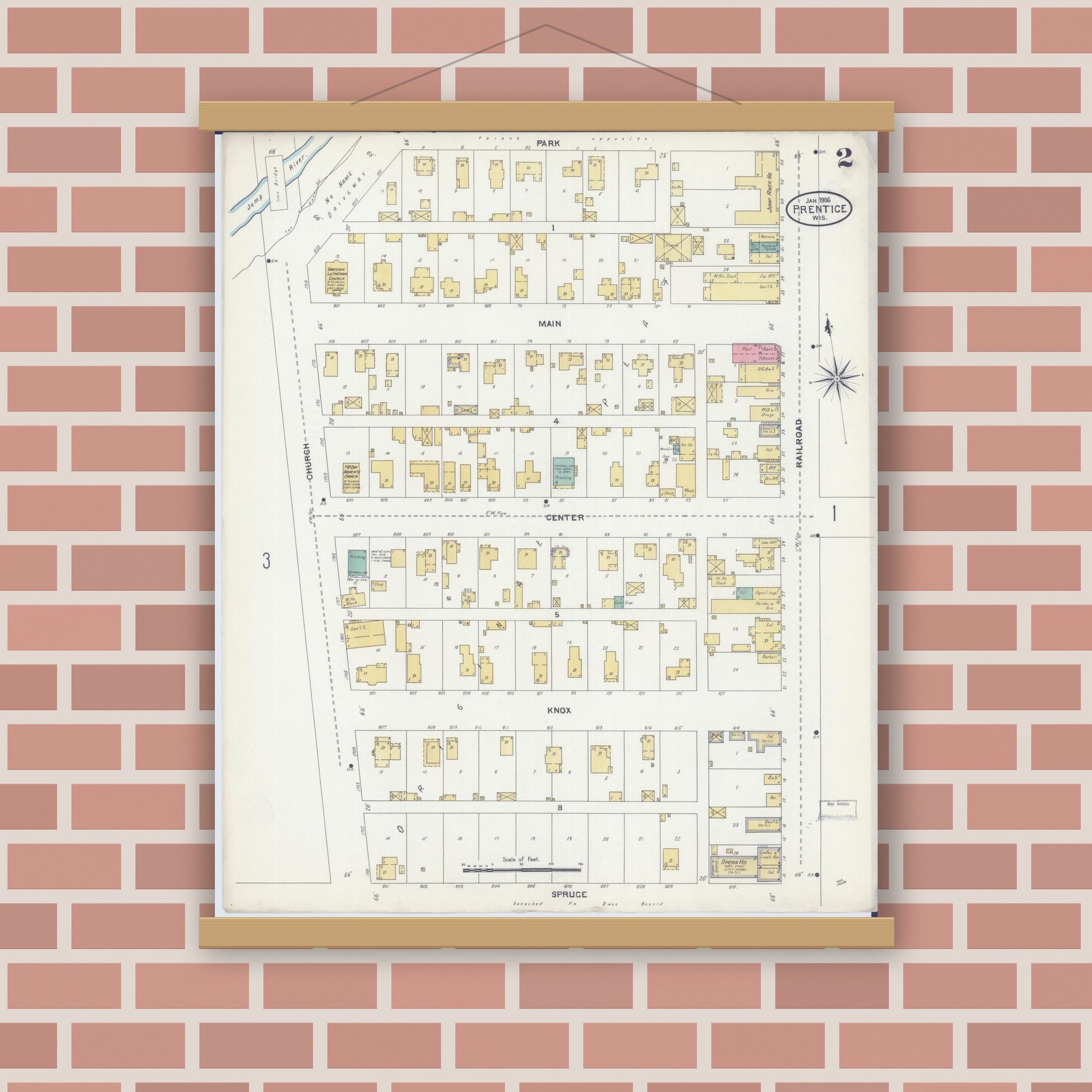 Old map wall art mockup — magnetic wood frame on brick wall — Sanborn Fire Insurance Map from Prentice, Price County, Wisconsin (1906), Sheet #0002