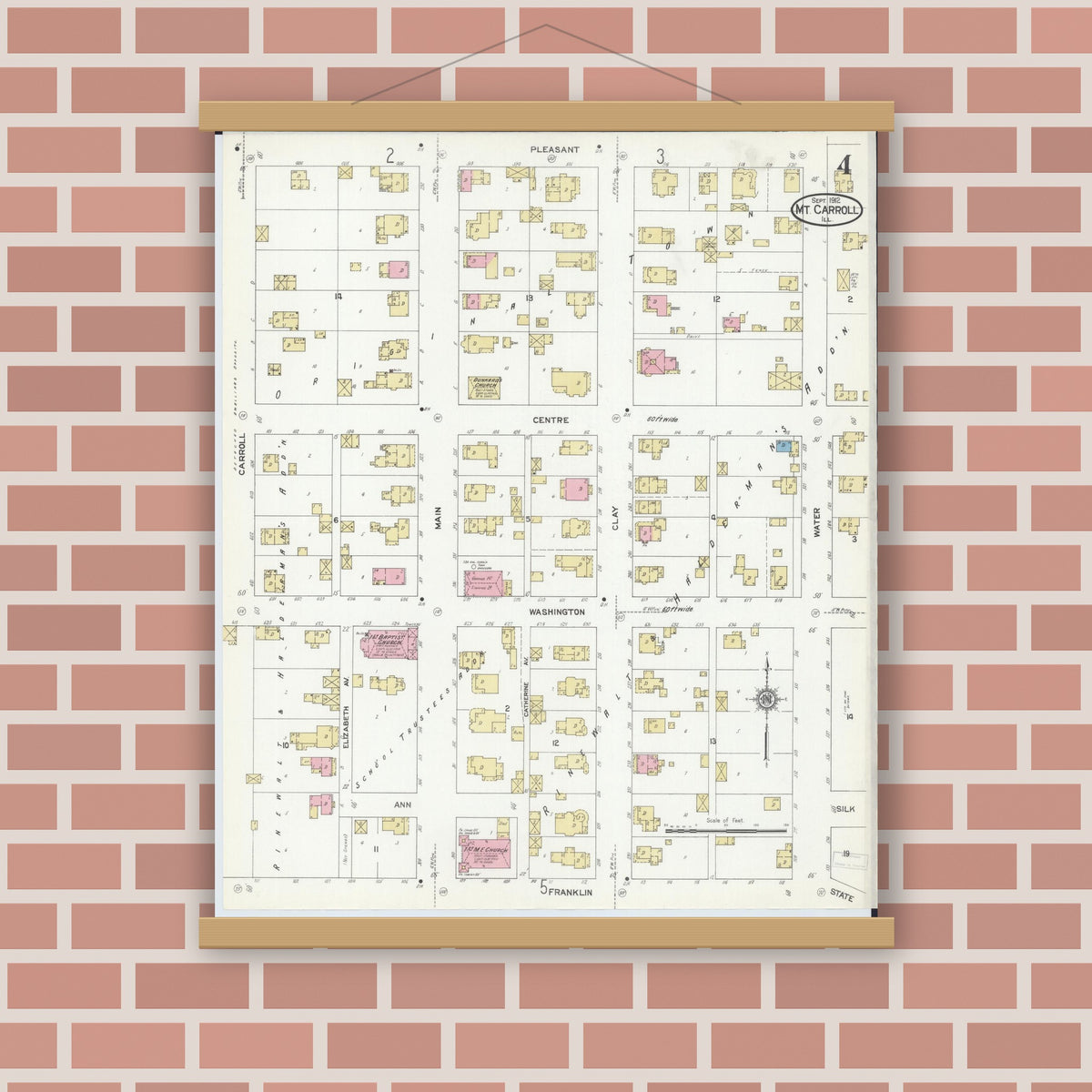 Old map wall art mockup — magnetic wood frame on brick wall — Sanborn Fire Insurance Map from Mount Carroll, Carroll County, Illinois (1912), Sheet #0004