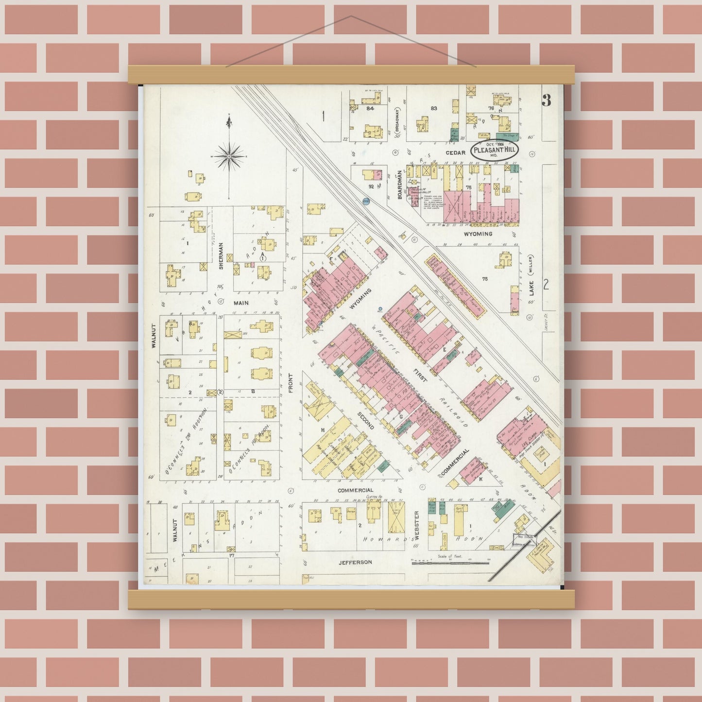 Old map wall art mockup — magnetic wood frame on brick wall — Sanborn Fire Insurance Map from Pleasant Hill, Cass County, Missouri (1906), Sheet #0003