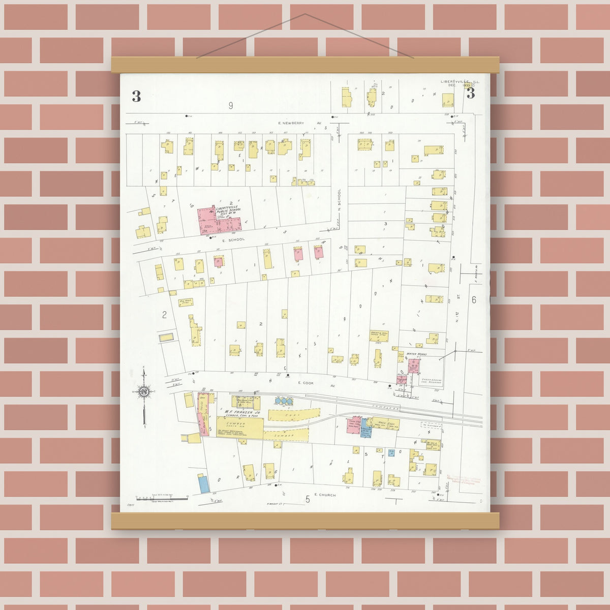 Old map wall art mockup — magnetic wood frame on brick wall — Sanborn Fire Insurance Map from Libertyville, Lake County, Illinois (1933), Sheet #0003