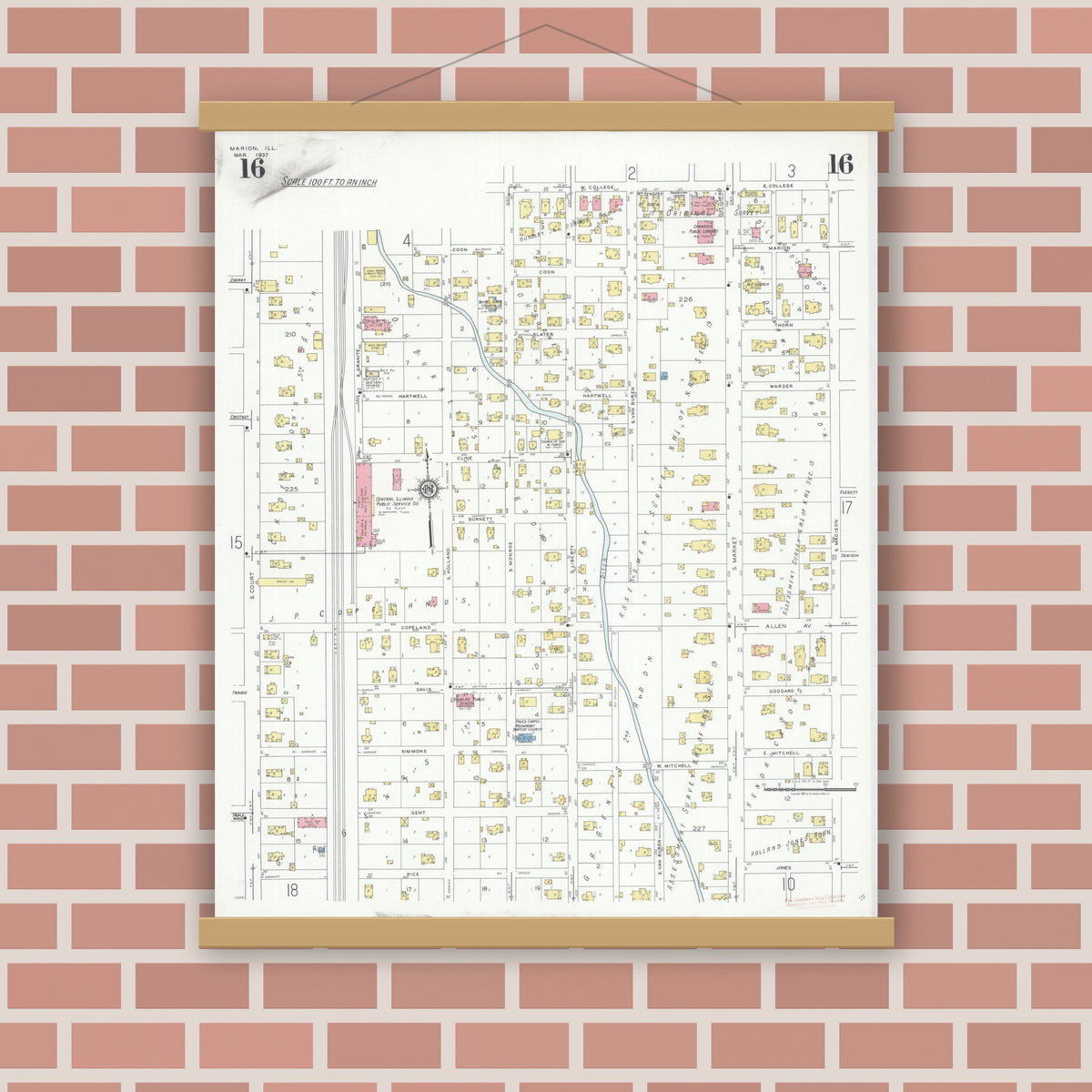 Old map wall art mockup — magnetic wood frame on brick wall — Sanborn Fire Insurance Map from Marion, Williamson County, Illinois (1937), Sheet #0016