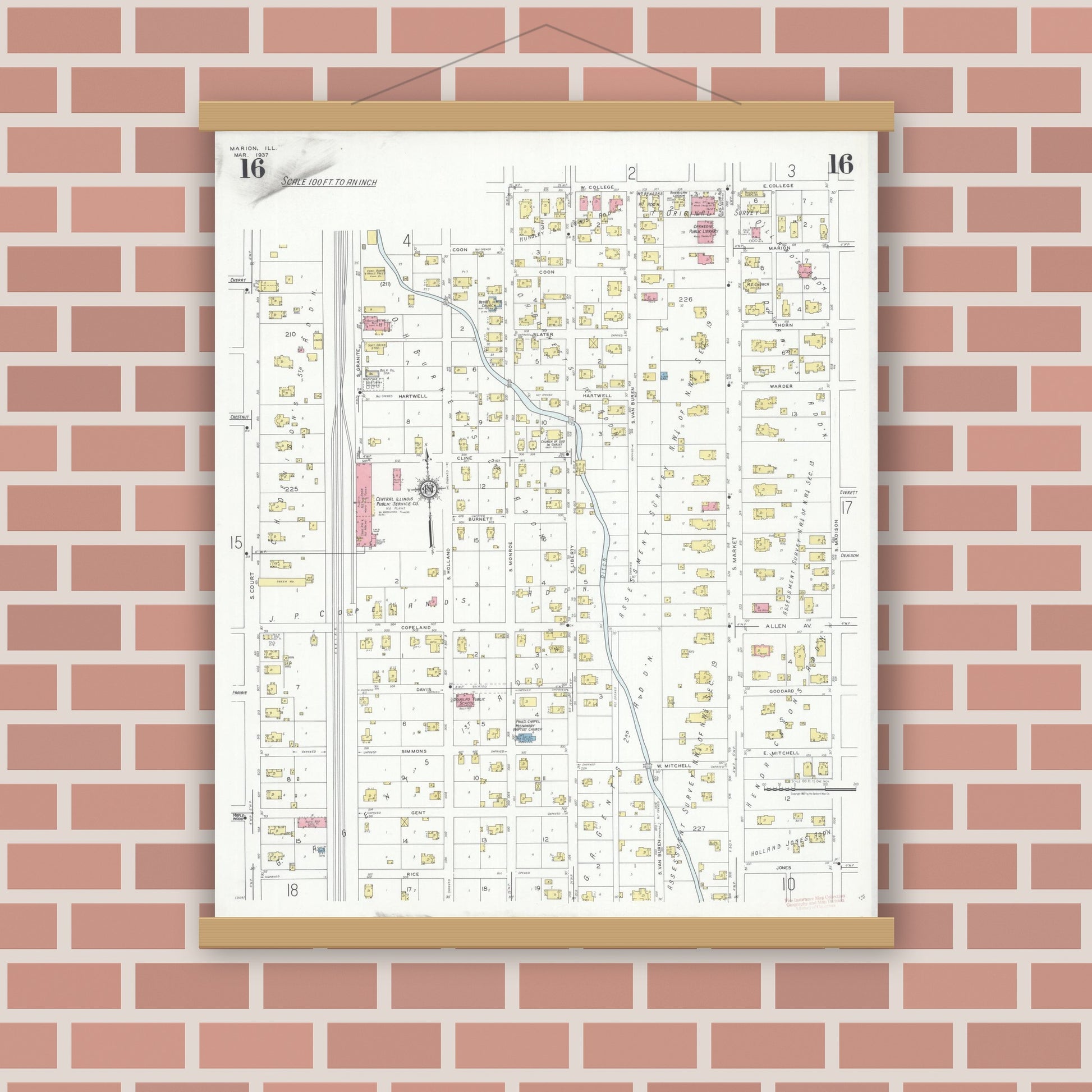 Old map wall art mockup — magnetic wood frame on brick wall — Sanborn Fire Insurance Map from Marion, Williamson County, Illinois (1937), Sheet #0016