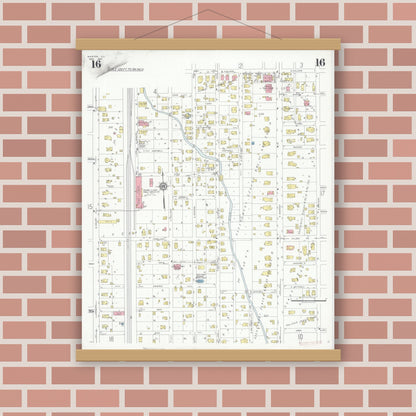 Old map wall art mockup — magnetic wood frame on brick wall — Sanborn Fire Insurance Map from Marion, Williamson County, Illinois (1937), Sheet #0016