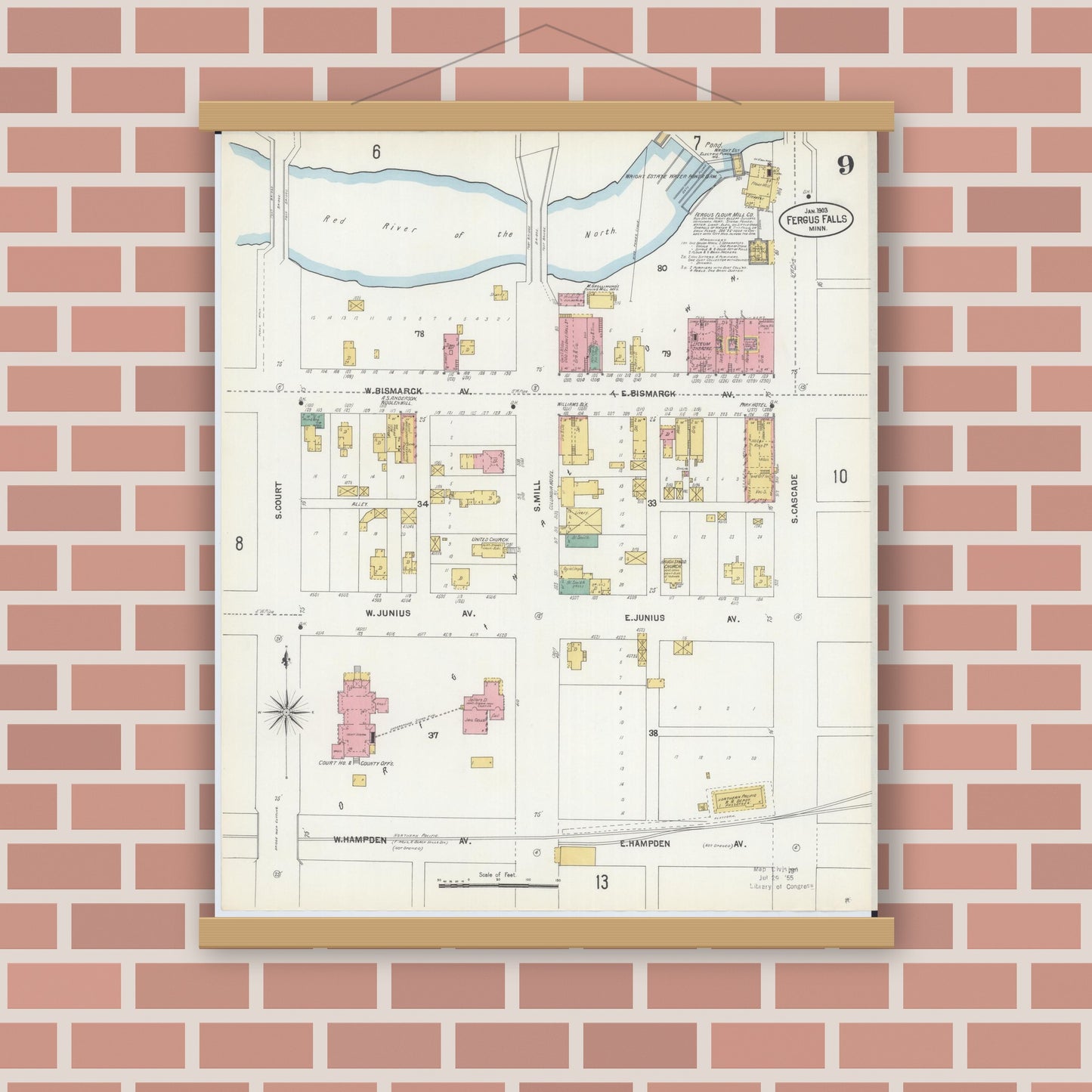 Old map wall art mockup — magnetic wood frame on brick wall — Sanborn Fire Insurance Map from Fergus Falls, Otter Tail County, Minnesota (1903), Sheet #0009